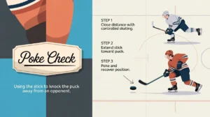 Illustration of hockey poke check steps with defender and puck
