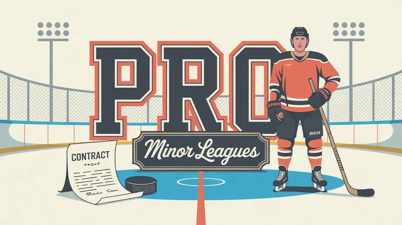 Minor league hockey player standing confidently beside PRO lettering with contract and puck
