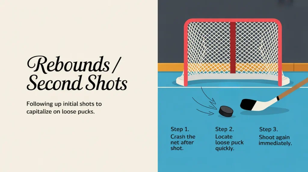 Split-screen hockey drill illustration with rebound steps and net icon