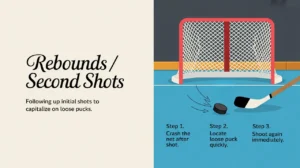 Split-screen hockey drill illustration with rebound steps and net icon