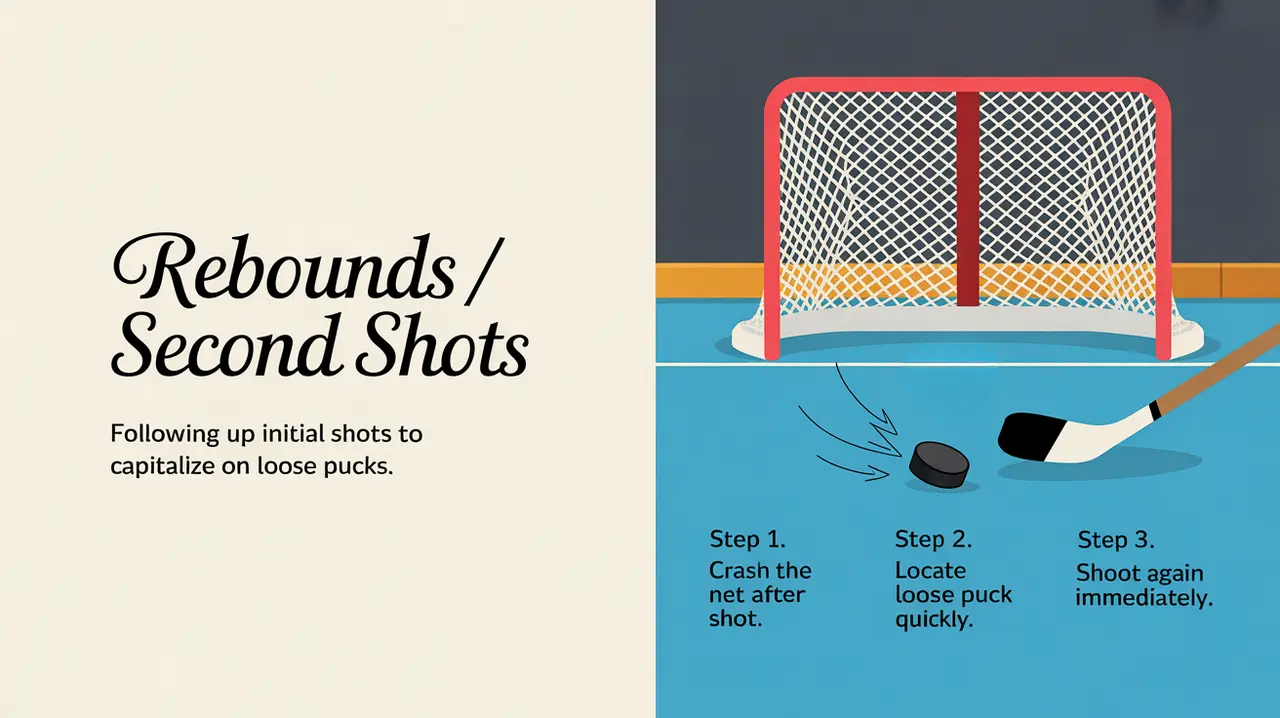 Split-screen hockey drill illustration with rebound steps and net icon