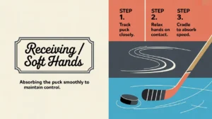 Split-screen illustration of hockey puck receiving drill steps with puck trails and stick blade icons