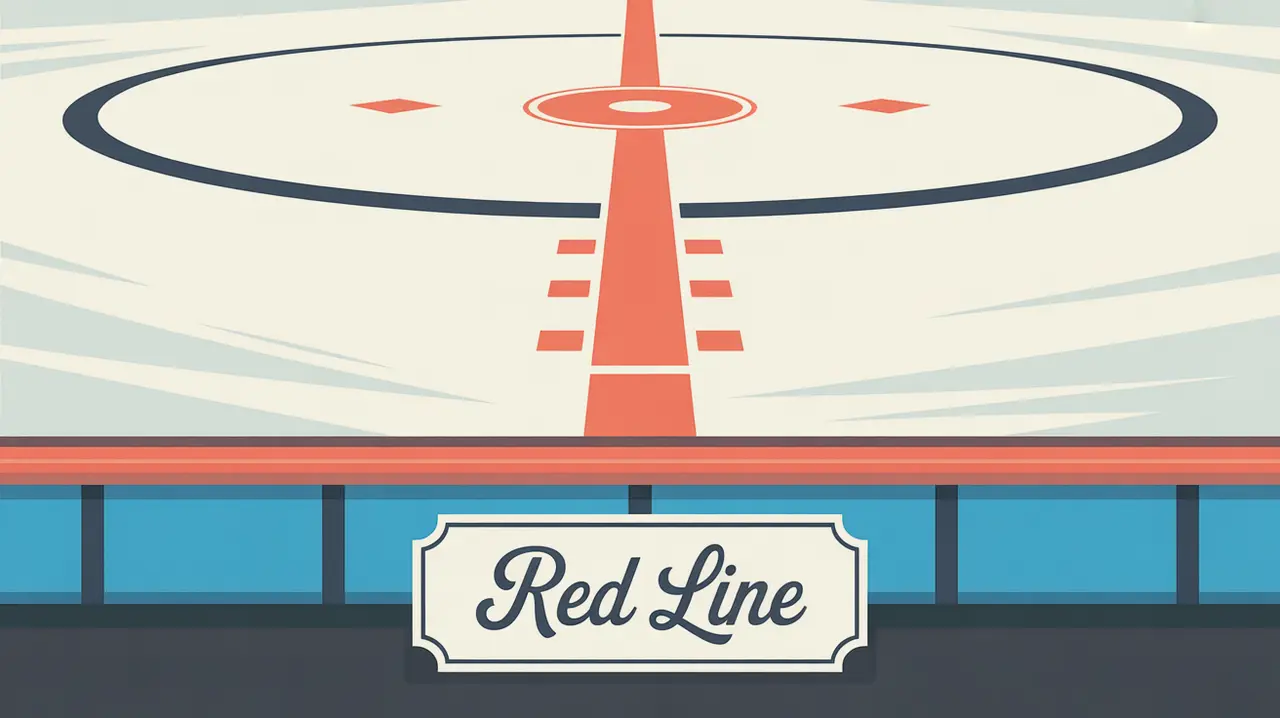 Top-down illustration of hockey rink red center line with geometric accents