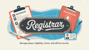Nameplate with Registrar text surrounded by registration forms and ID badge