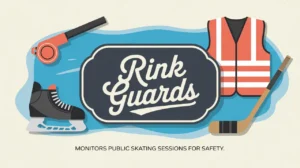 Illustration of rink guard equipment and nameplate on ice background