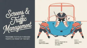Split-screen illustration of goalie managing screens and traffic in front of net