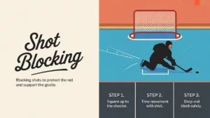 Illustration of hockey shot blocking steps and player stance