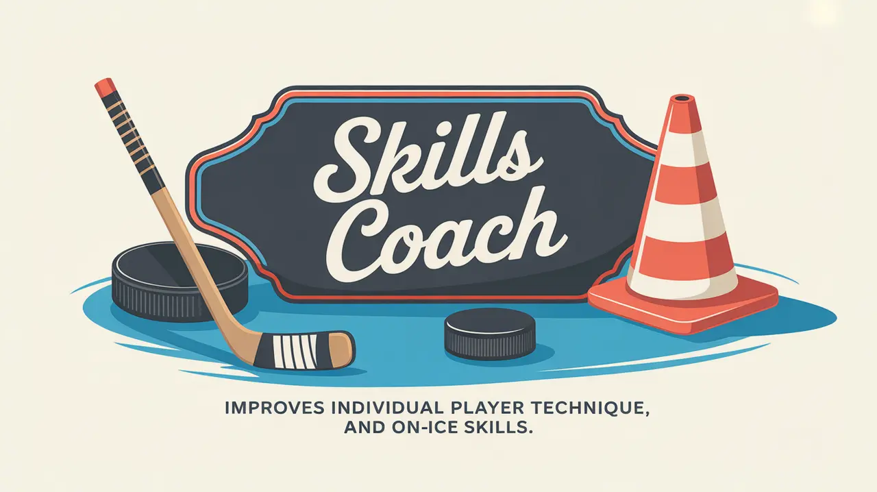 Hockey skills coach nameplate with stick puck and cone on ice background