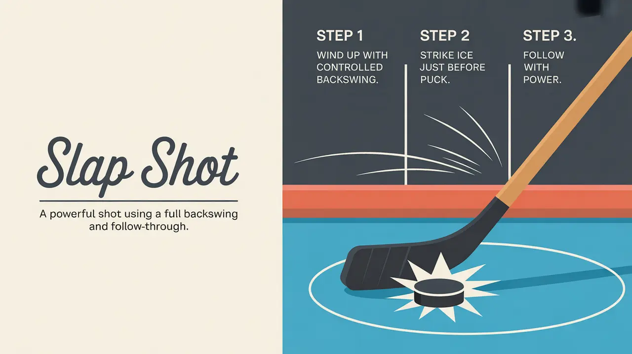 Split-screen illustration of slap shot steps and nameplate