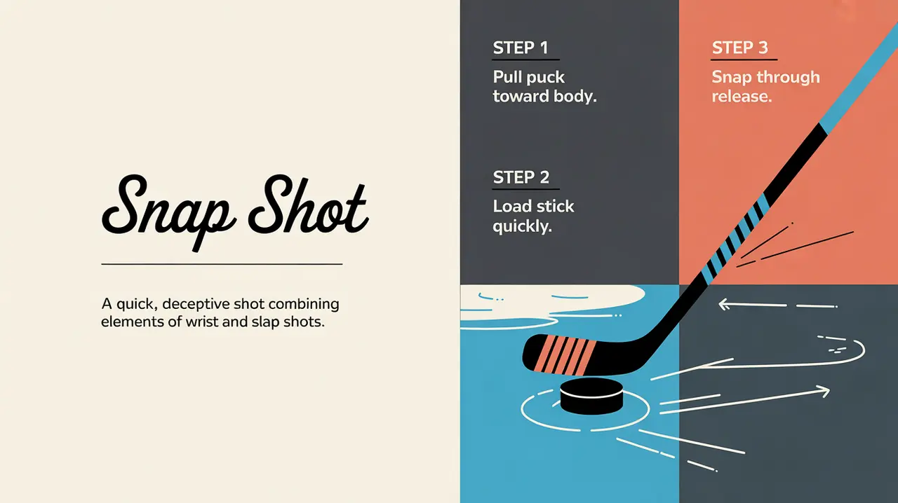 Split-screen hockey snap shot technique illustration with labeled steps