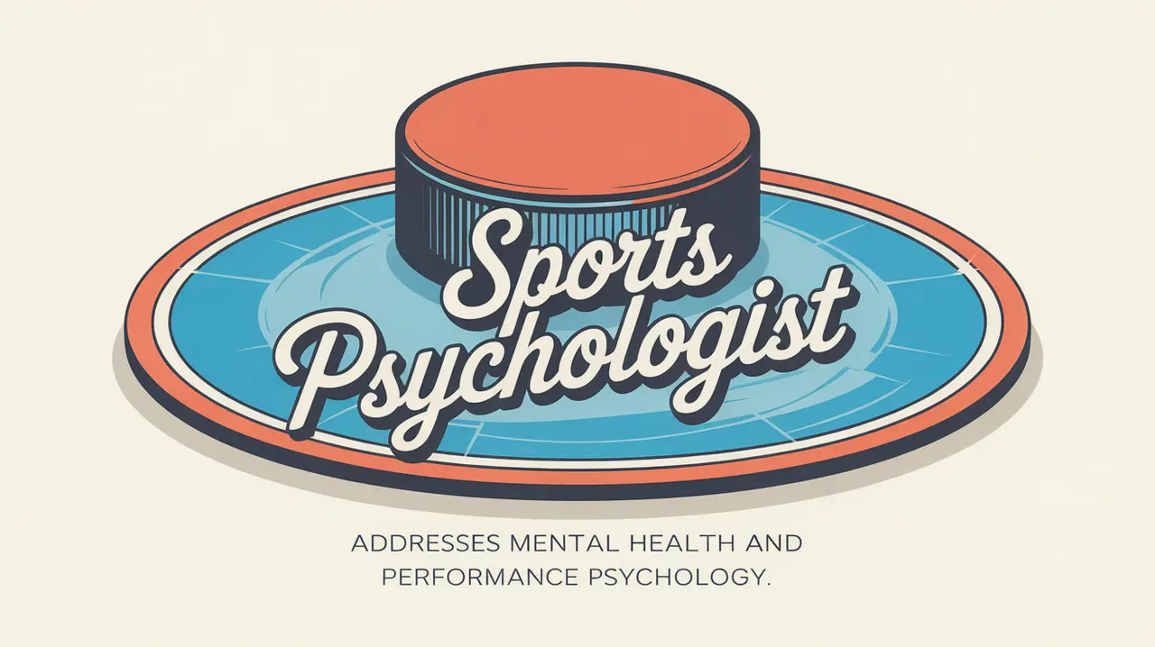Illustration of sports psychologist nameplate with hockey puck and psychology symbol