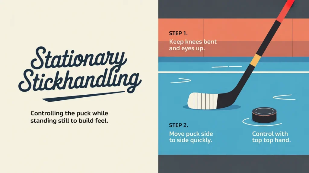 Split-screen illustration of stationary stickhandling drill steps with hockey stick and puck icons