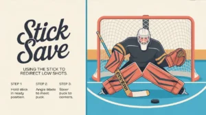 Goalie performing stick save redirecting low puck near crease