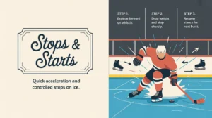 Split-screen hockey skating technique illustration with steps and ice effects