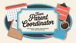 Illustration of team parent coordinator nameplate with calendar clipboard coffee cup
