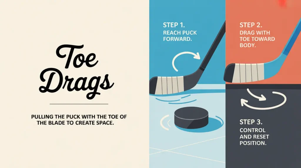 Illustration showing three steps of ice hockey toe drags stickhandling move