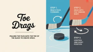 Illustration showing three steps of ice hockey toe drags stickhandling move