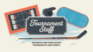Tournament staff nameplate with hockey bracket whistle and rink diagram