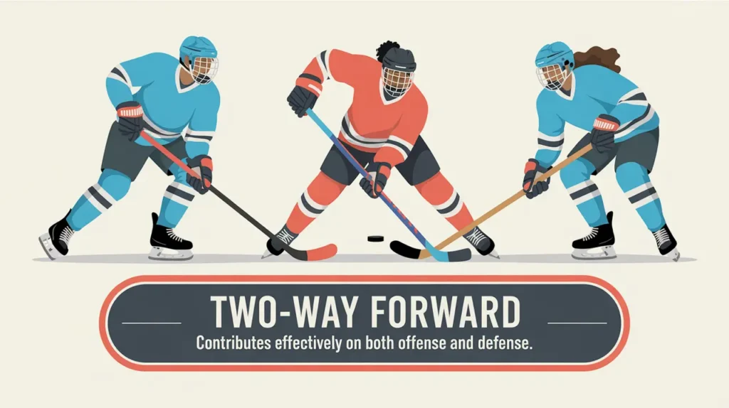 Hockey player skating back to intercept puck as two-way forward
