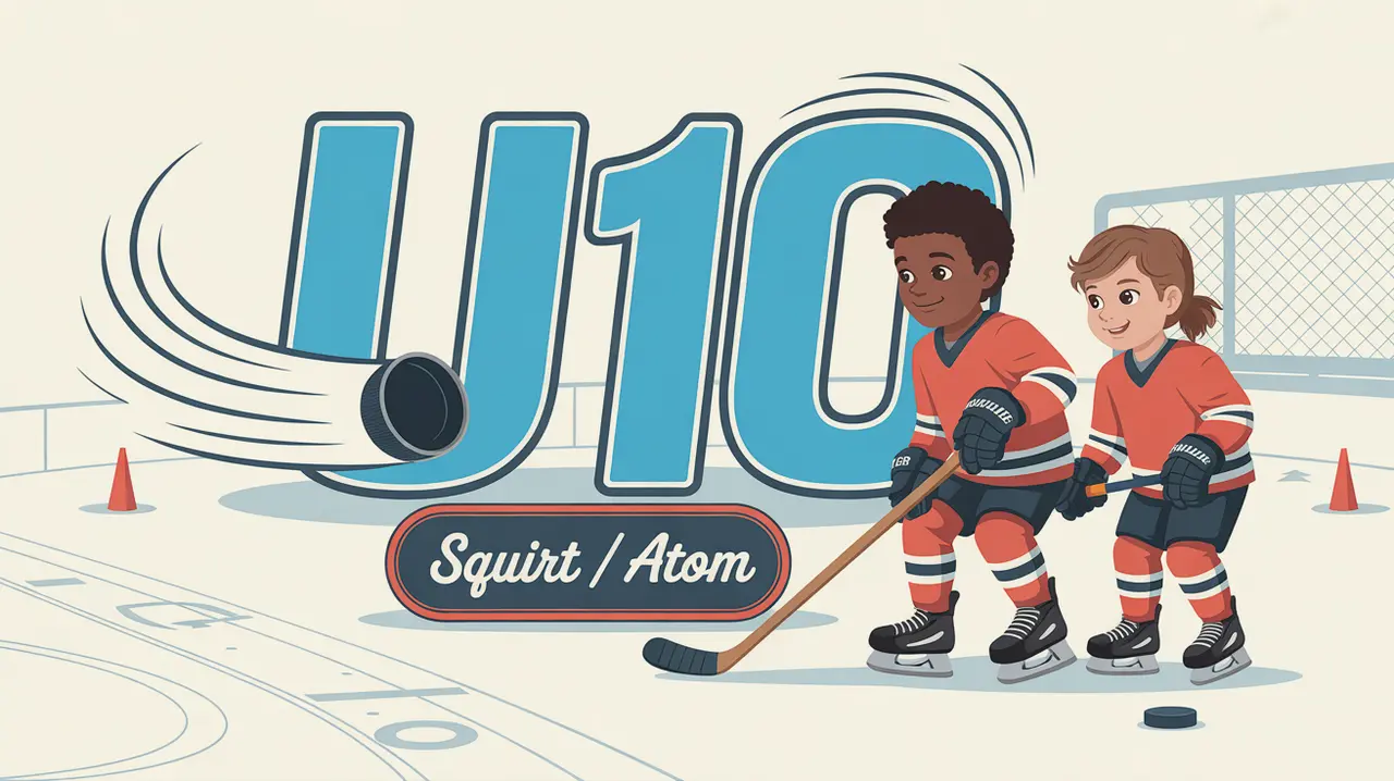 Young boy and girl skating confidently in hockey gear with U10 letters