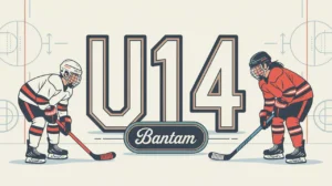 Illustration of U14 hockey players with rink diagrams and large U14 letters