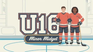 Two teenage hockey players standing confidently beside large U16 lettering