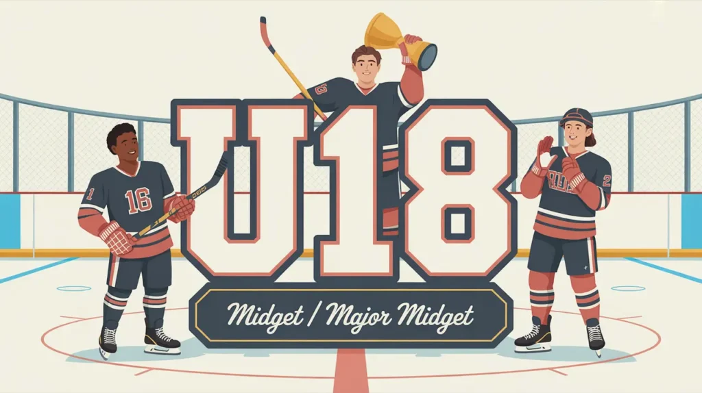 Teenage hockey players celebrating around large U18 letters