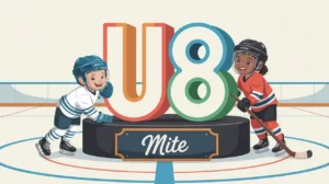 Children in beginner hockey gear playing around large colorful U8 foam blocks