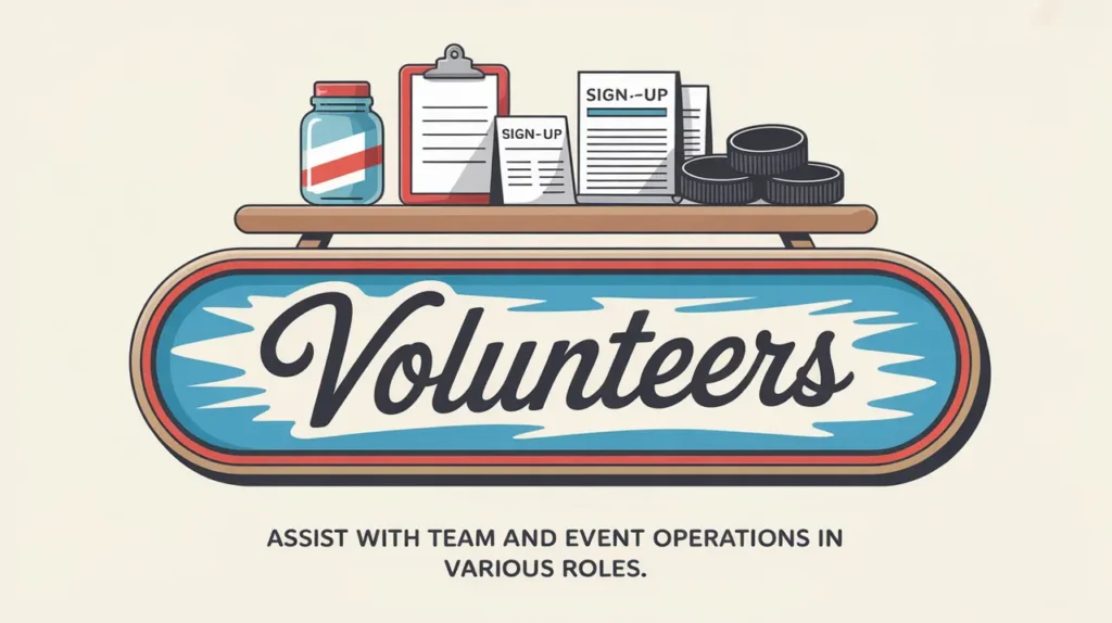 Illustration of volunteer event table with hockey items and nameplate Volunteers