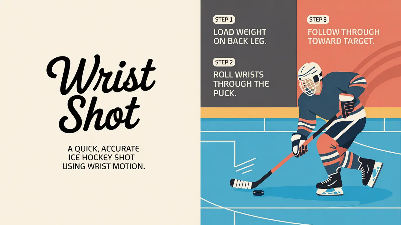 Split-screen illustration of wrist shot steps with hockey stick and puck icons