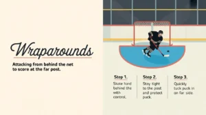 Split-screen hockey wraparound steps with net and puck icons