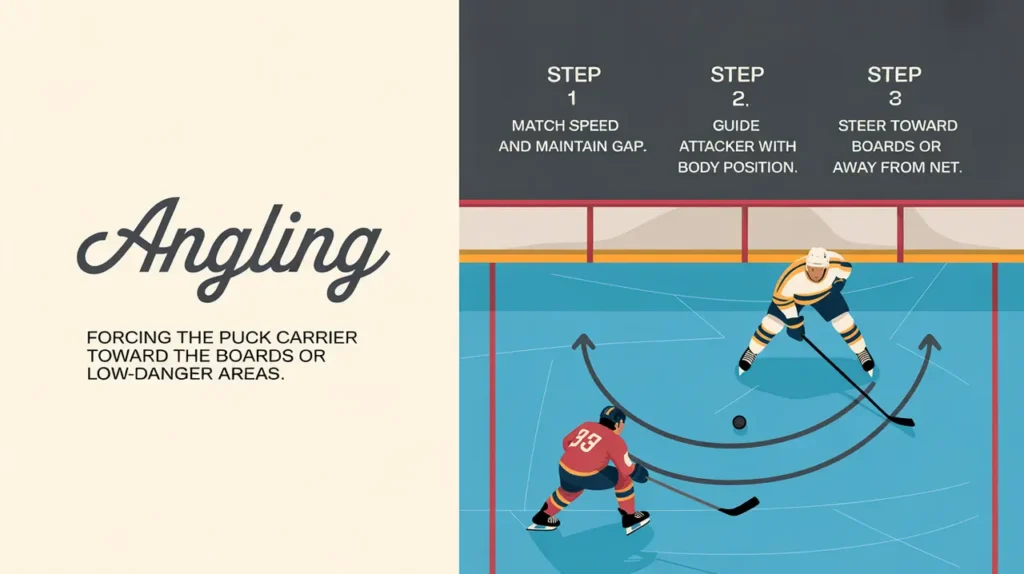 Ice hockey angling technique diagram with defender guiding attacker toward boards
