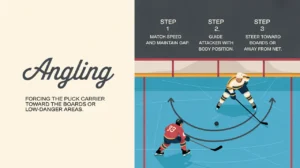Ice hockey angling technique diagram with defender guiding attacker toward boards