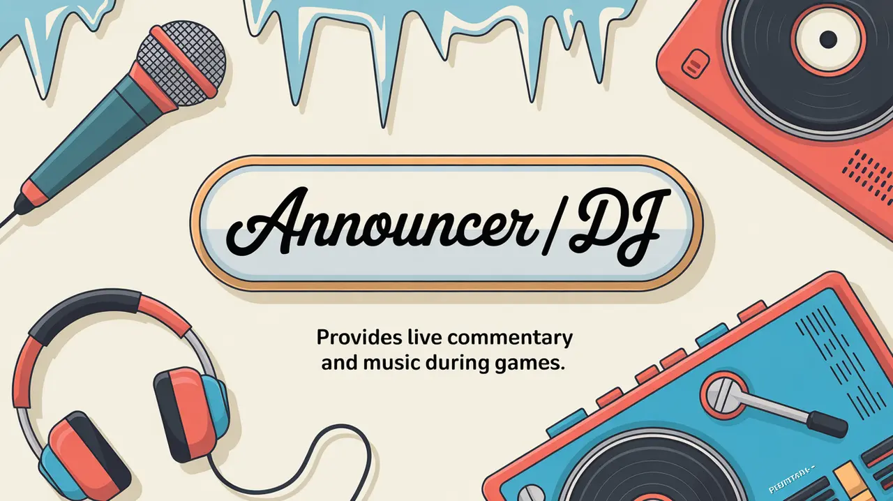 Microphone headphones turntable with announcer DJ nameplate on ice background