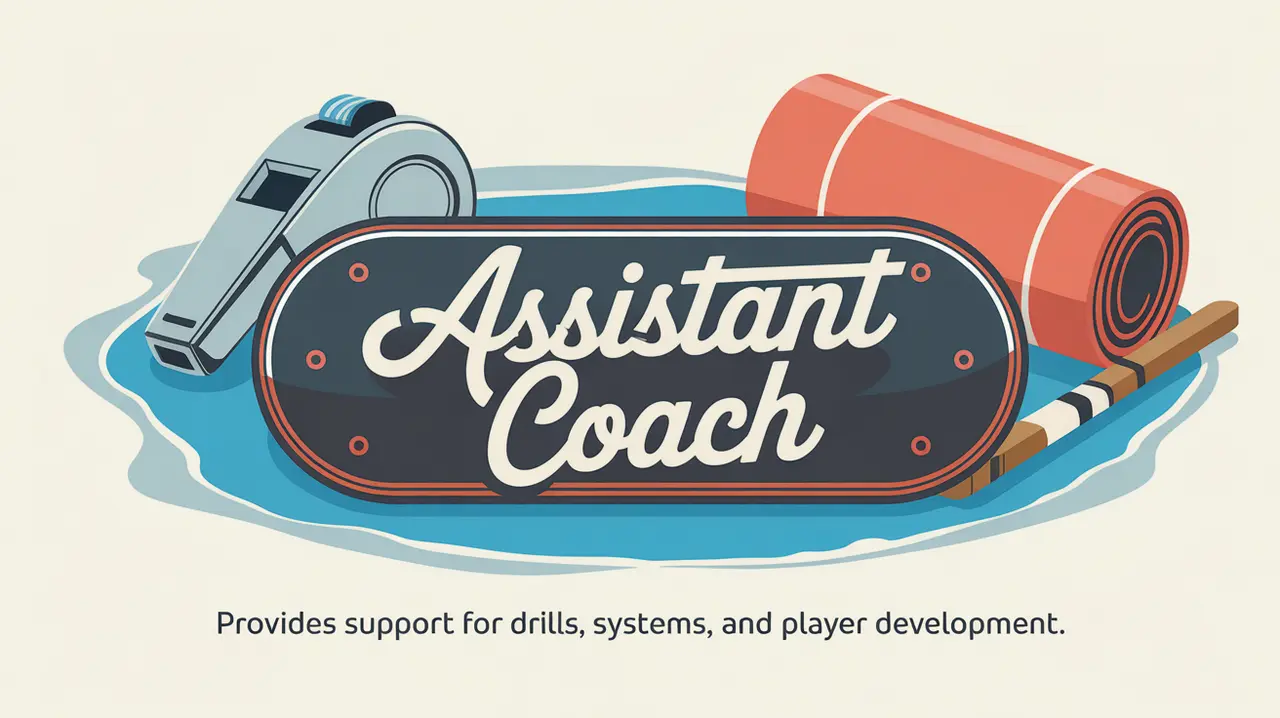 Illustration of assistant coach nameplate with whistle and tactics sheet