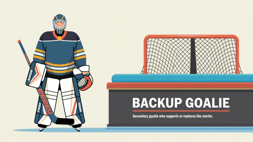 Hockey player in goalie gear standing near bench labeled Backup Goalie