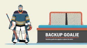 Hockey player in goalie gear standing near bench labeled Backup Goalie