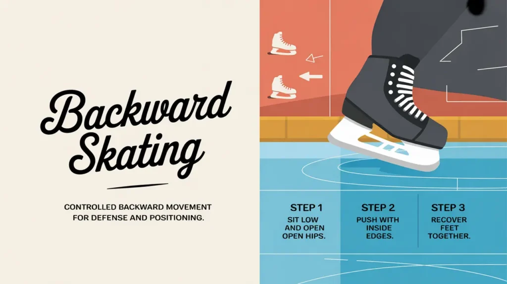 Split-screen illustration of backward skating steps and technique