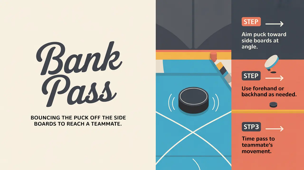 Illustration of hockey bank pass steps with puck and boards
