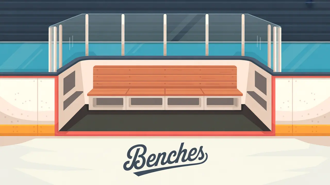 Rink-level view of player benches with wooden seating and open doors