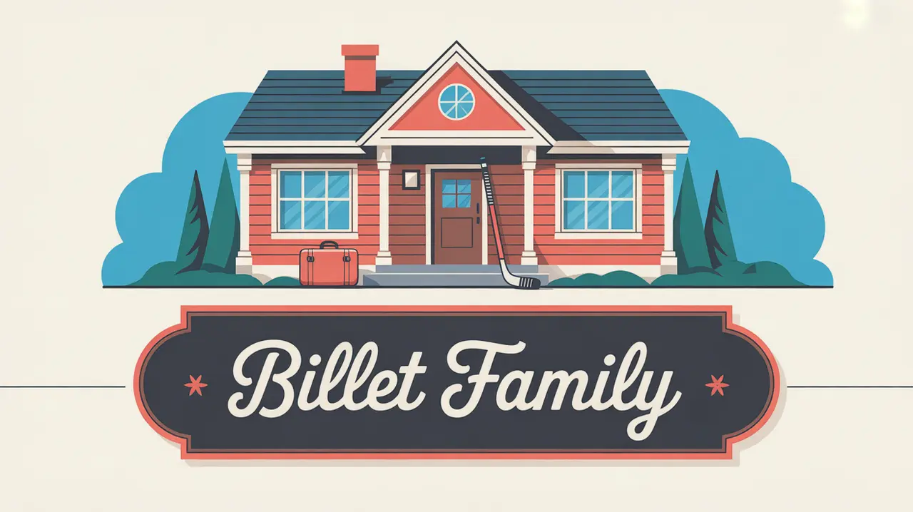 Welcoming house with hockey stick and suitcase representing billet home