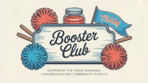Polished nameplate reading Booster Club with pom-poms and team banner