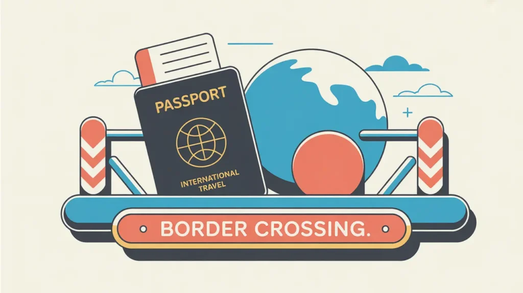 Border checkpoint with passport puck and flag icons