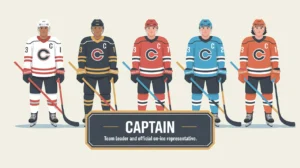 Hockey player captain standing at center ice with C on jersey