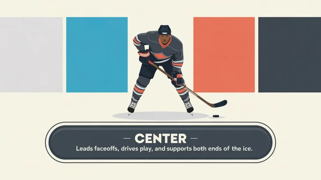 Hockey player in faceoff stance labeled Center with summary