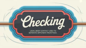 Polished nameplate reading Checking on ice background with hockey colors