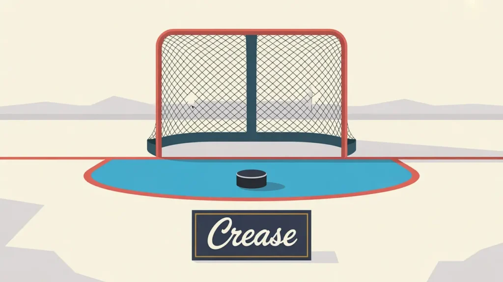 Top-down illustration of hockey goalie crease with blue semicircle and goal line