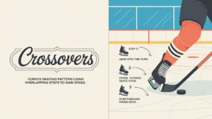 Split-screen illustration showing ice hockey crossovers steps with skate icons and curved arrows