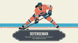 Hockey defenseman in low stance near blue line with stick extended