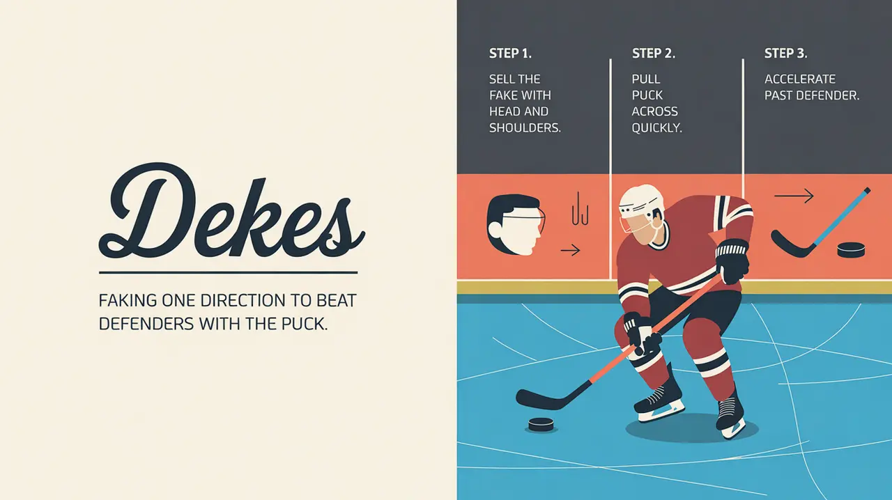 Split-screen illustration showing hockey deke steps and nameplate
